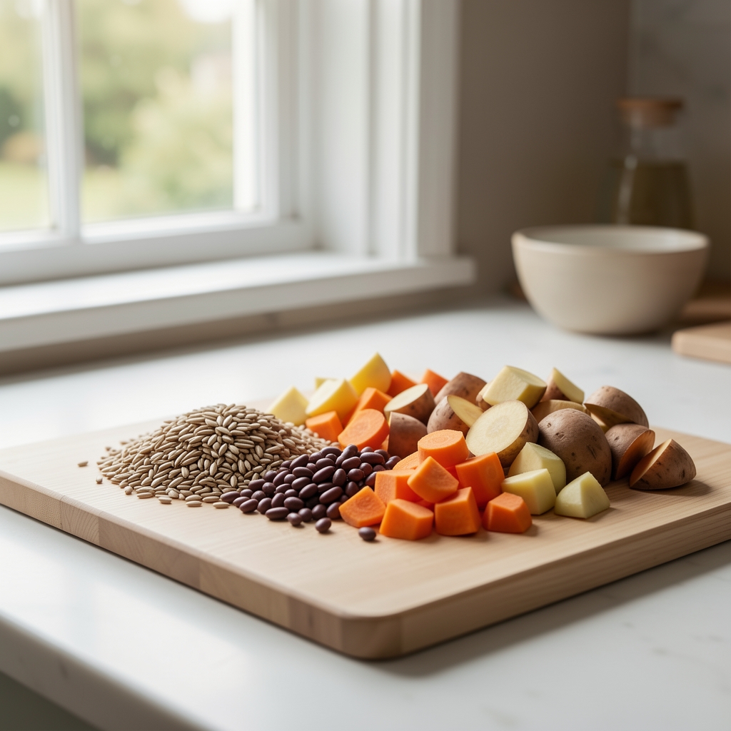 Whole grains, legumes, and chopped seasonal root vegetables on a pale chopping board, ready for preparation, side-lit from a kitchen window with soft natural tones