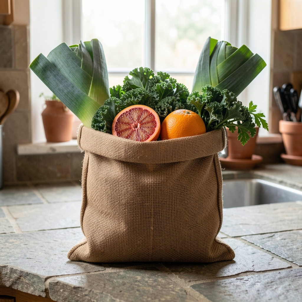 A hessian bag filled with purchased seasonal market produce including leeks, kale, and blood oranges, photographed on a stone kitchen surface with natural light from above